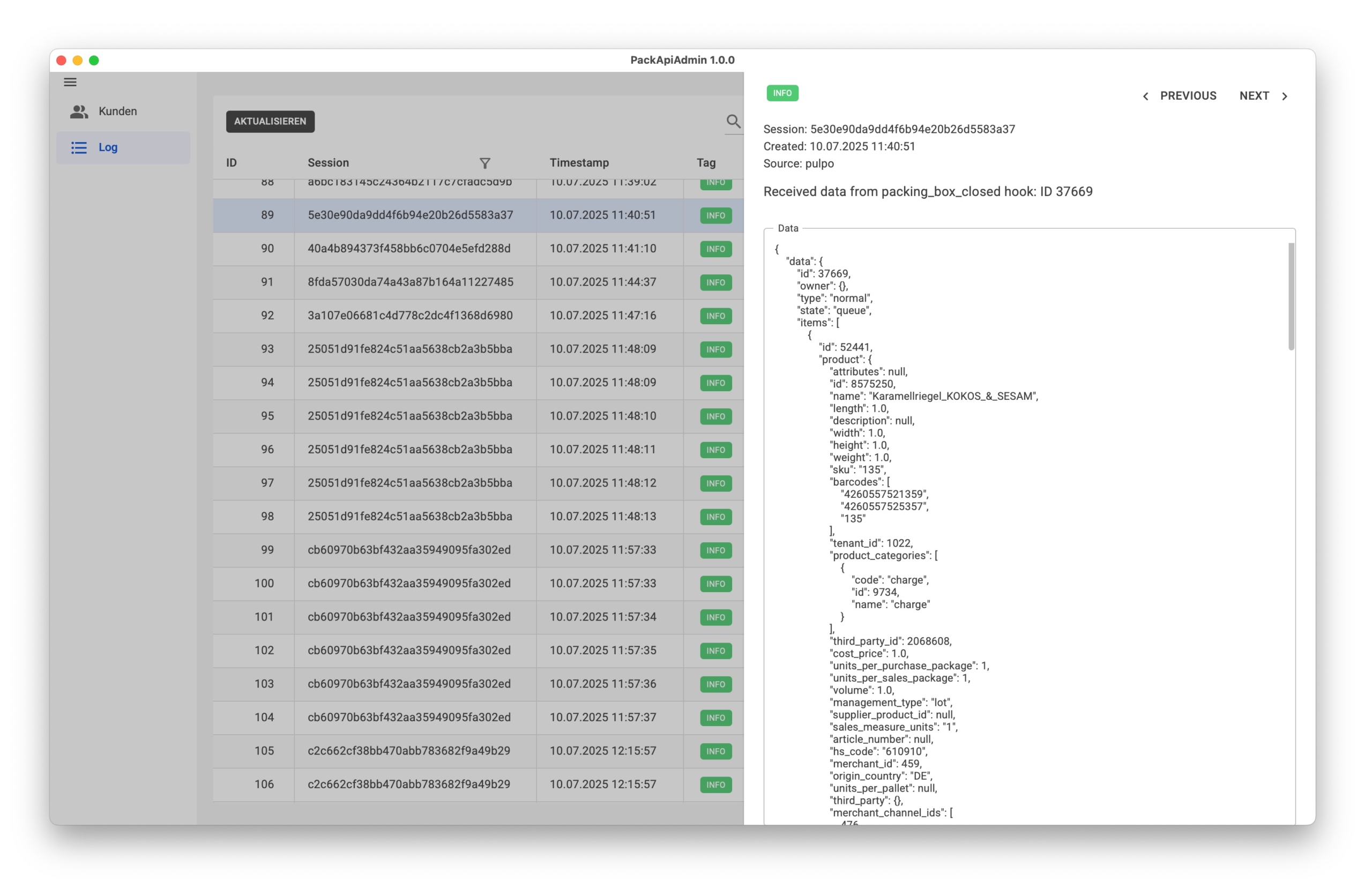 Pulpo,Packajo,Billbee Middleware Admin Debugging
