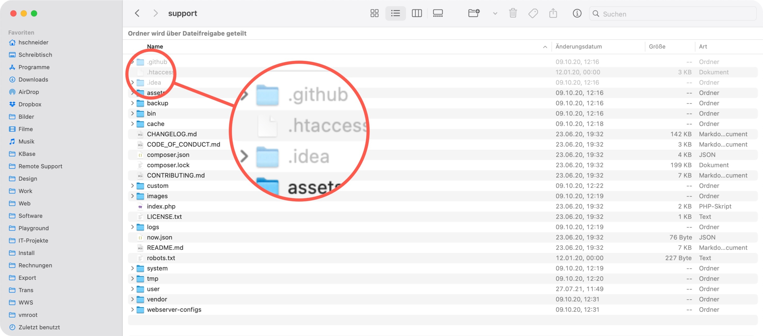 macOS Finder. Versteckte Dateien anzeigen.